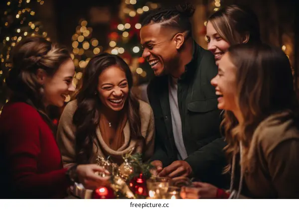 A Group of Multiethnic Friends Laughing Together During Christmas