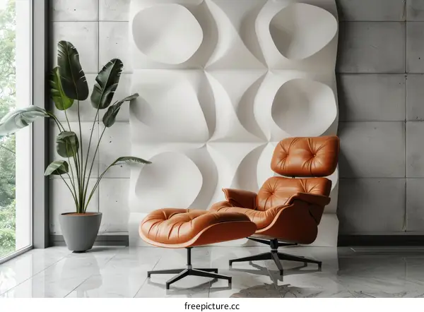 Modern Living Room with Leather Lounge Chair and Ottoman