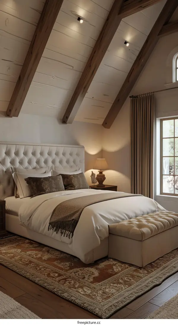 Elegant Bedroom Interior Design with Wooden Beams