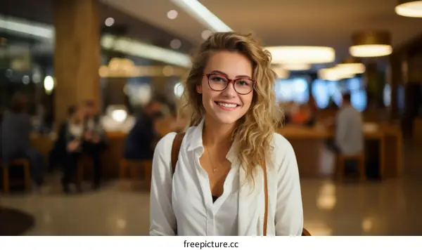 Portrait of a young woman smiling wearing glasses