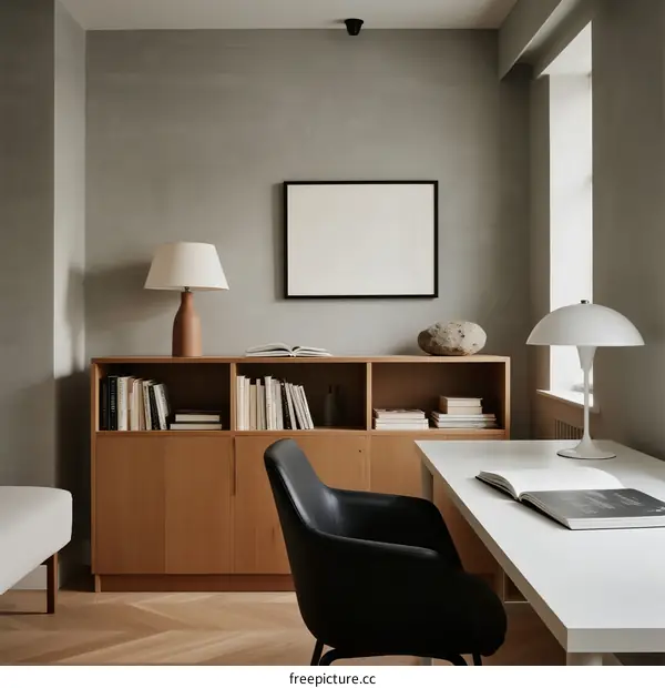 Modern minimalist home office with wooden cabinet and white desk