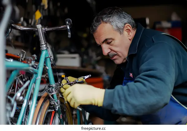 Man Repairing a Blue Bicycle in Workshop