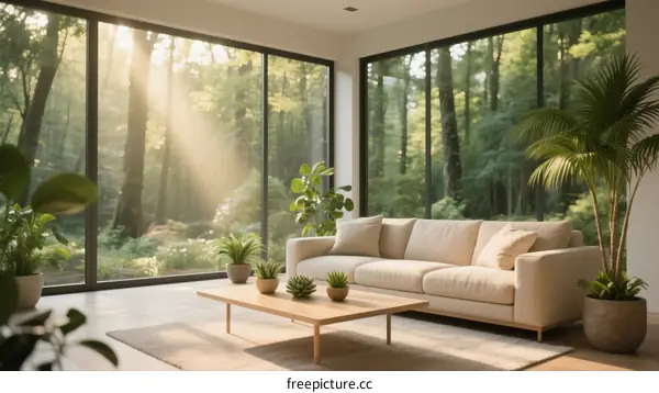 Sunlit Modern Living Room with Large Windows and Greenery