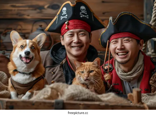 Two Asian men dressed as pirates with a dog and a cat