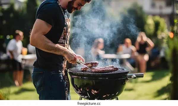 Man Grilling Food in Backyard