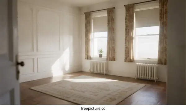 Bright and empty room with windows and radiator