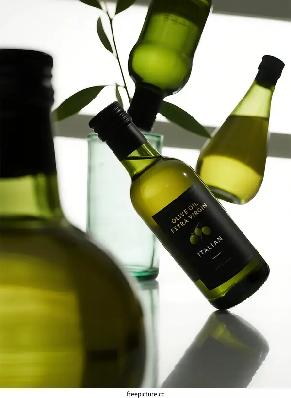 Bottles of extra virgin olive oil with green leaves