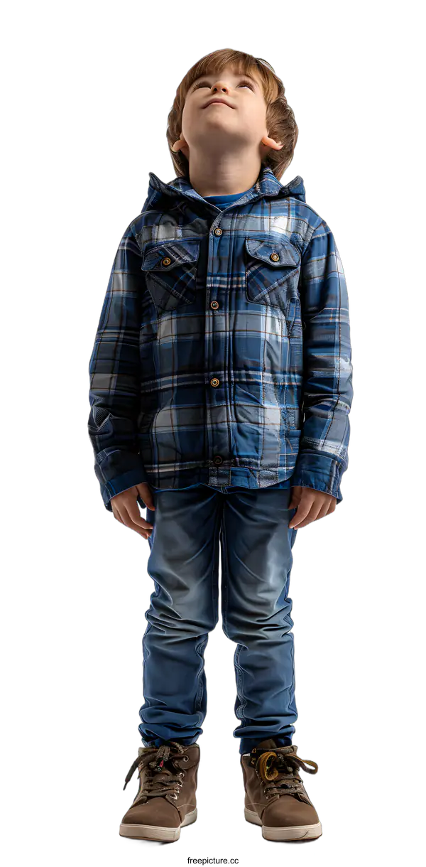 [Transparent Background PNG]Little Boy Looking Up at the Sky Wearing Blue Plaid Shirt