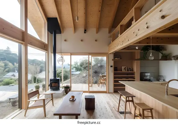 Modern Wooden House Interior With Large Windows