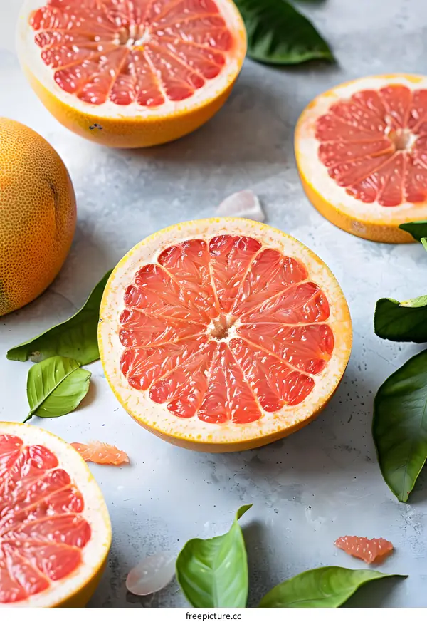 Close Up Of Sliced Grapefruit With Green Leaves On A Gray Surface