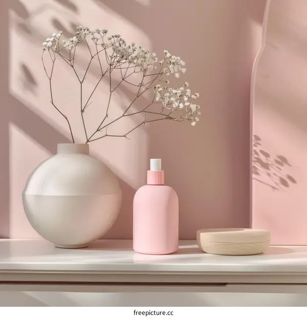 Dried Flowers in Vase and Rose Gold Bottle on Shelf