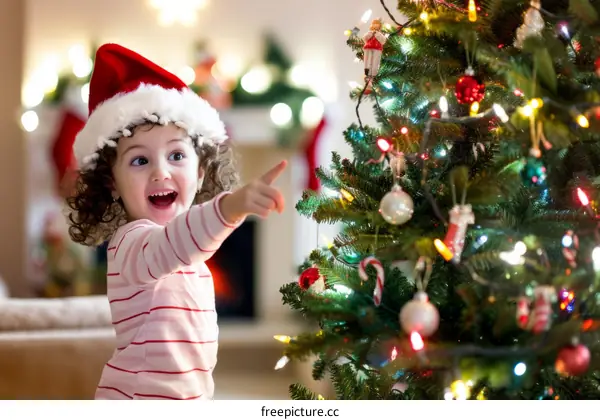 Little Girl in Santa Hat Pointing at Christmas Tree