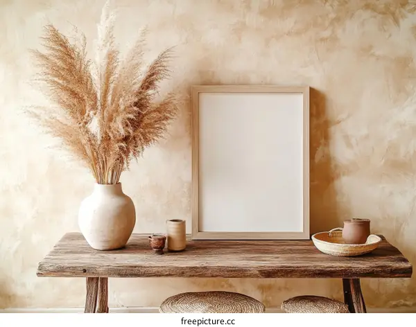 Bohemian Dried Pampas Grass Arrangement on Rustic Wooden Table