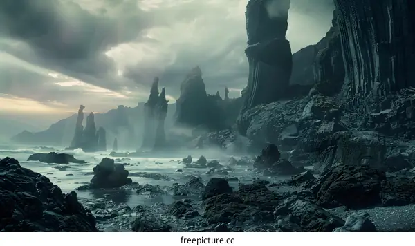 Dark and Misty Landscape With Dramatic Rock Formations