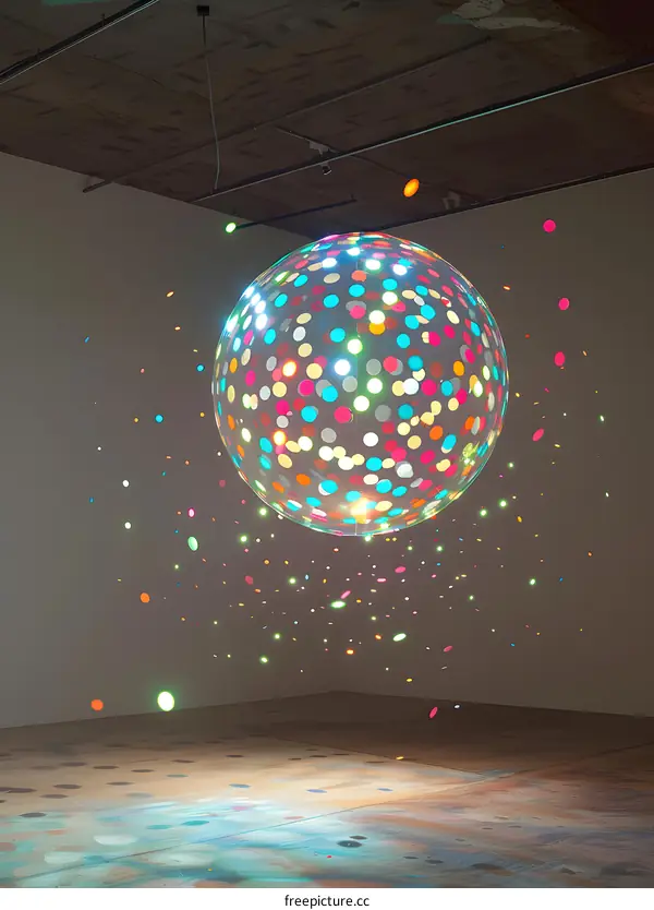 Colorful Disco Ball Hanging From Ceiling in a Room