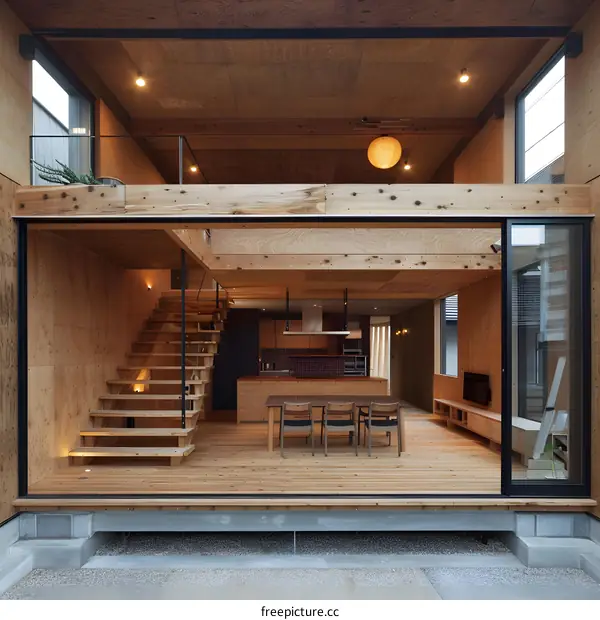 Modern Wooden House with Open Floor Plan and Sliding Doors