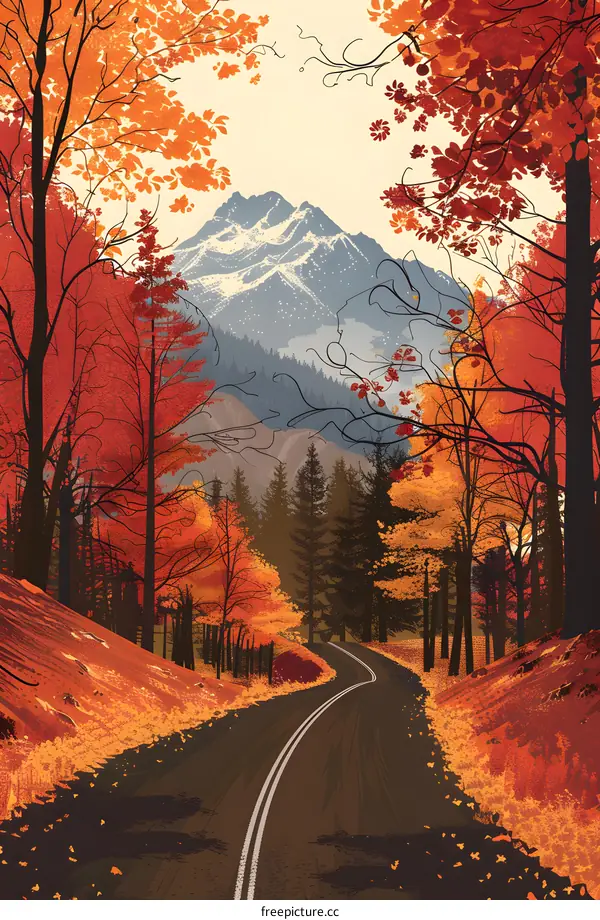 Autumn Road Winding Through Colorful Forest and Mountains