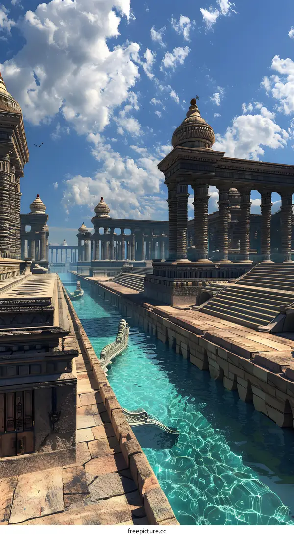 Ancient City with Water Canal and Stone Buildings