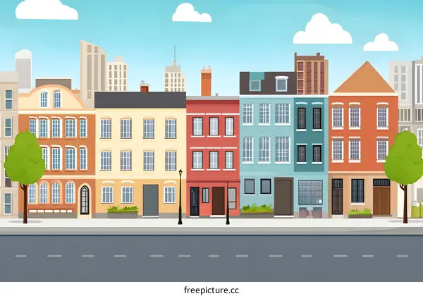 Colorful Cityscape Illustration with Row of Buildings