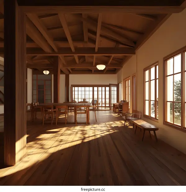 Japanese Style Wooden House Interior Design with Wooden Floor and Ceiling