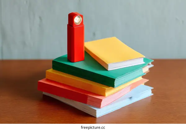 Colorful Books Stack with a Red Flashlight