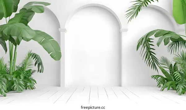 White Wall with Archways and Tropical Plants
