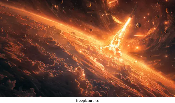 A fiery comet hurtling towards a distant planet