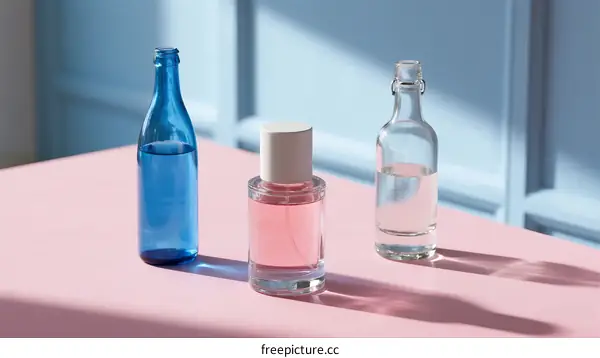 Three Glass Containers with Colorful Liquids on Pink Surface