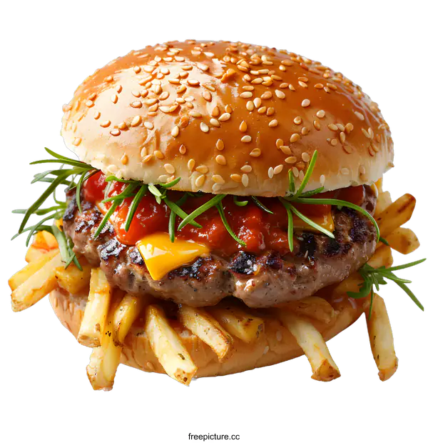 [Transparent Background PNG]Juicy Cheeseburger with French Fries and Rosemary