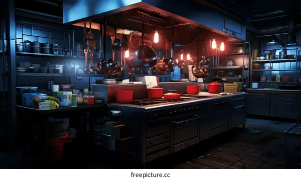 Commercial Kitchen with Stainless Steel Appliances and Tiled Floor