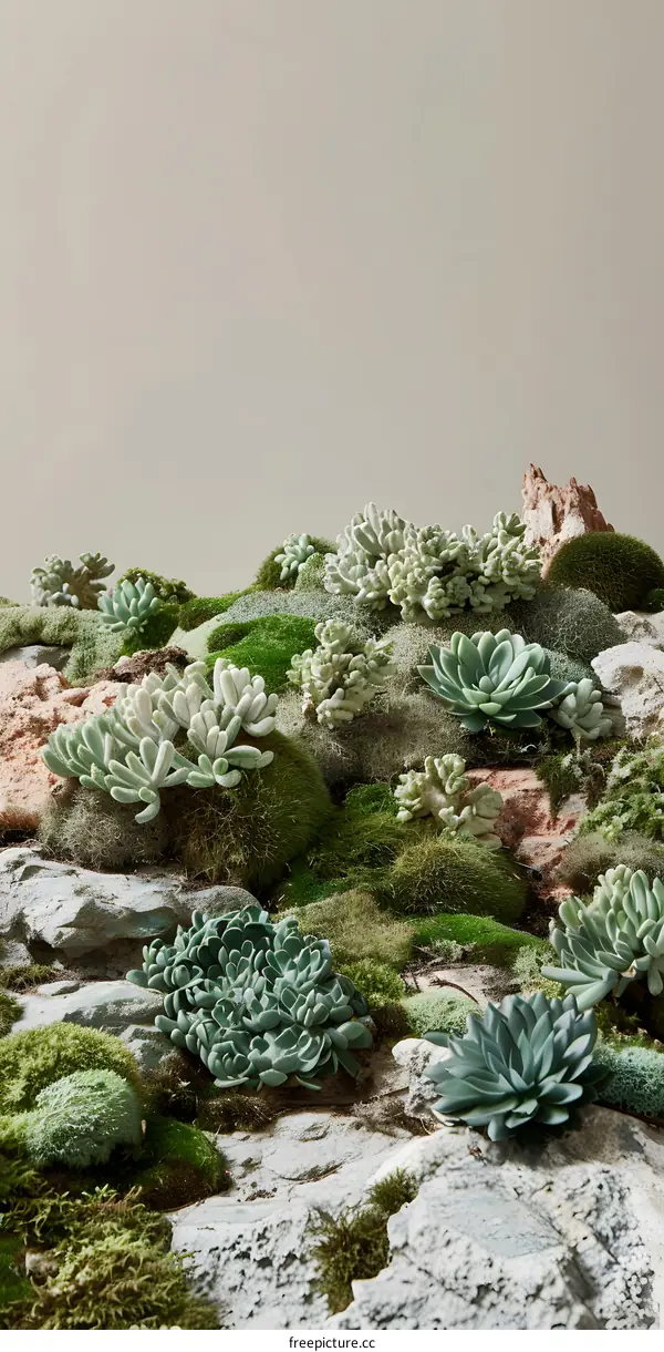 Close Up View of Succulents and Moss on Rock