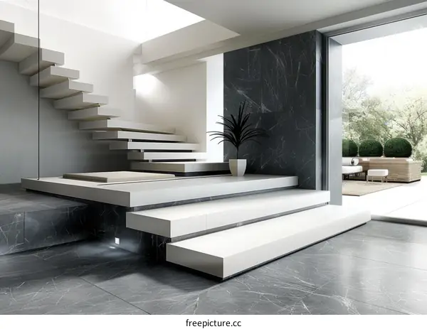 Modern minimalist marble staircase with large windows