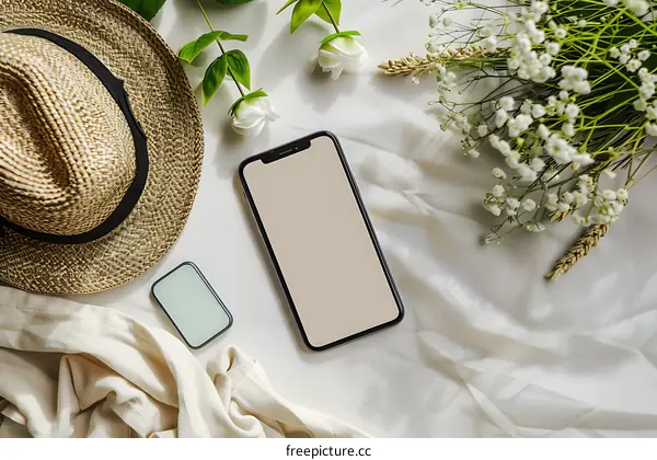 Flat Lay Photography With White Background Of Hat, Smartphone And Flowers