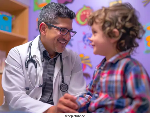 Hispanic male doctor smiling at young patient