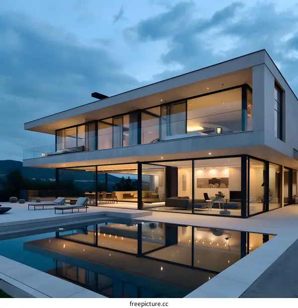 Modern Architecture Home With Swimming Pool At Dusk