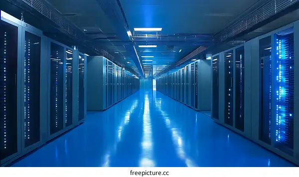 Modern Data Center Interior with Rows of Server Racks