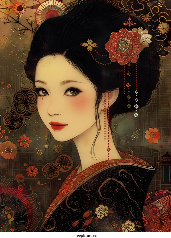 portrait of a beautiful asian woman in traditional japanese kimono with red and gold accents