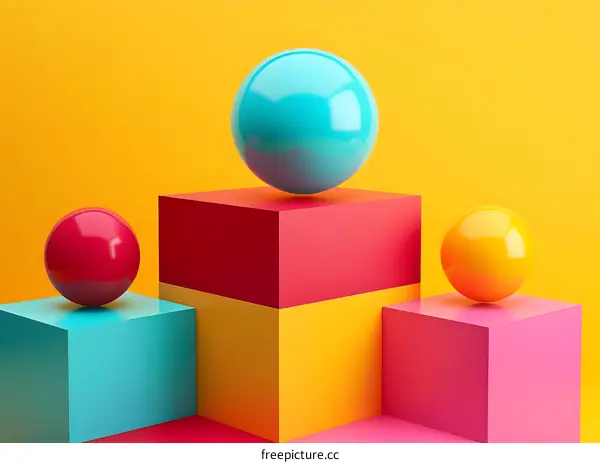 Abstract Colorful Balls on Cubes Yellow Background