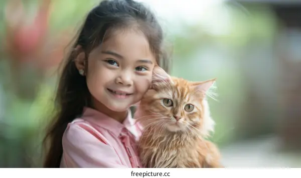 A young girl is hugging an orange cat