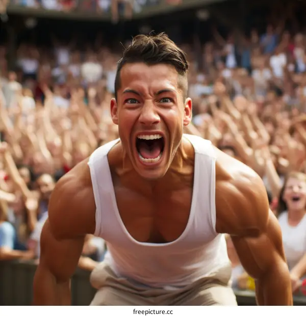 Ecstatic male with chiseled features screams in delight