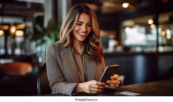 Smiling Business Woman Using Smartphone in Cafe