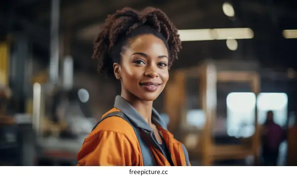 Portrait of a smiling young African American woman in a warehouse.