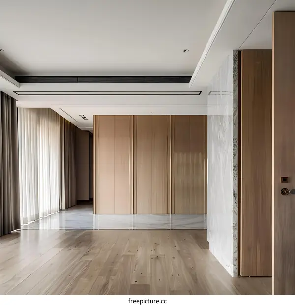 Modern Minimalist Interior Design with Wooden Wall Panels and Marble Accents