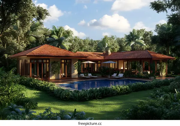 Tropical Villa with Pool and Lush Greenery