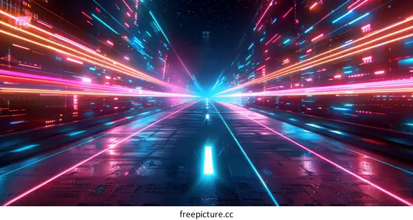 futuristic city street with glowing neon lights and data trails at night