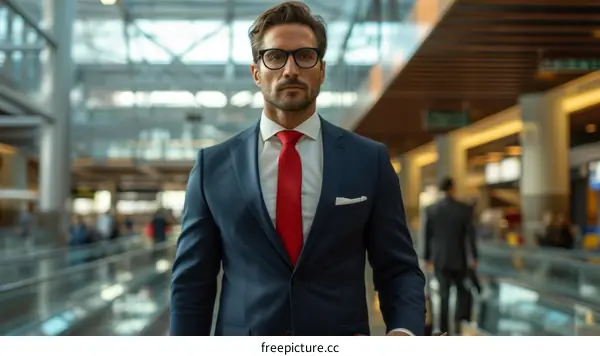 Confident businessman in glasses walking in airport