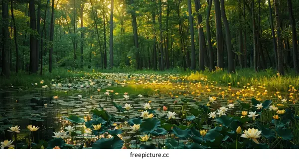 Sunbeams Through the Forest, Illuminating a Lotus Pond