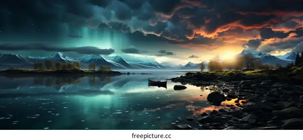 Aurora Borealis Over Majestic Mountains and Lake