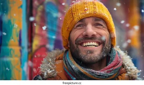 Smiling Man in Winter with Snow