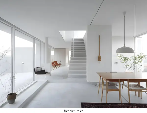 Modern Minimalist Interior Design with White Walls and a Wooden Table